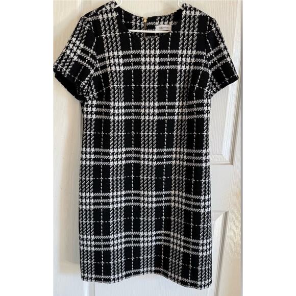 Calvin Klein Timeless Classic Short Sleeve Black & White Plaid Pencil Dress, L - Picture 2 of 5
